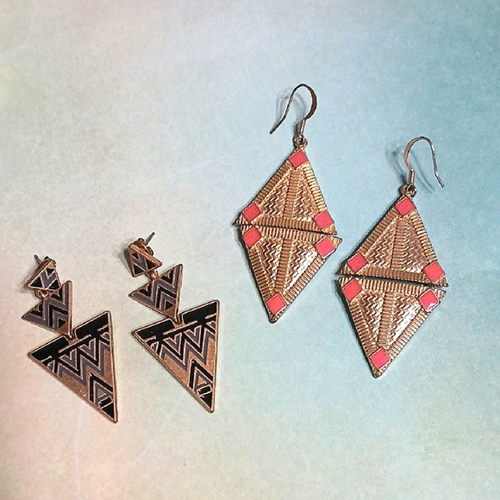 Geometric Gold and Pink Earrings Set